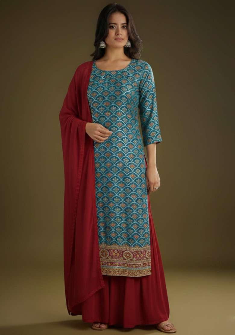 Maroon Embroidered Crepe Sharara Set - Indya