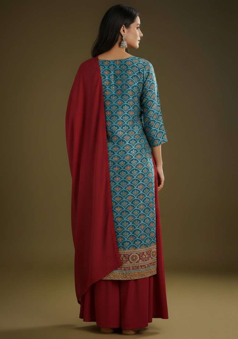 Maroon Embroidered Crepe Sharara Set - Indya
