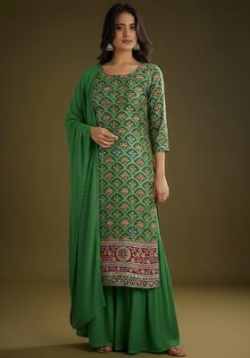 Green Embroidered Crepe Sharara Set