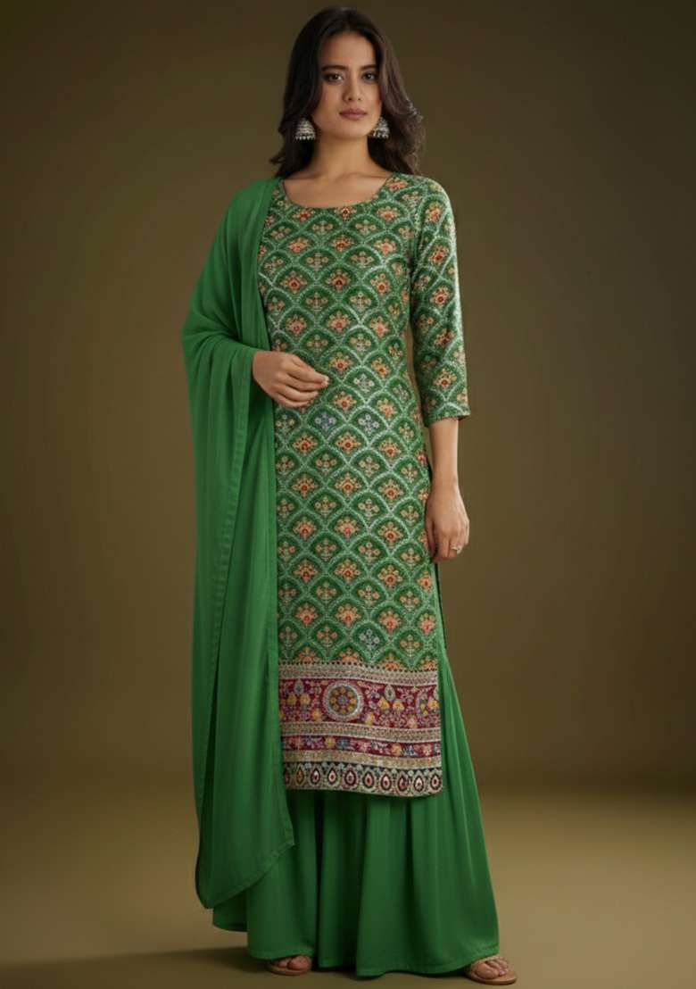 Green Embroidered Crepe Sharara Set - Indya