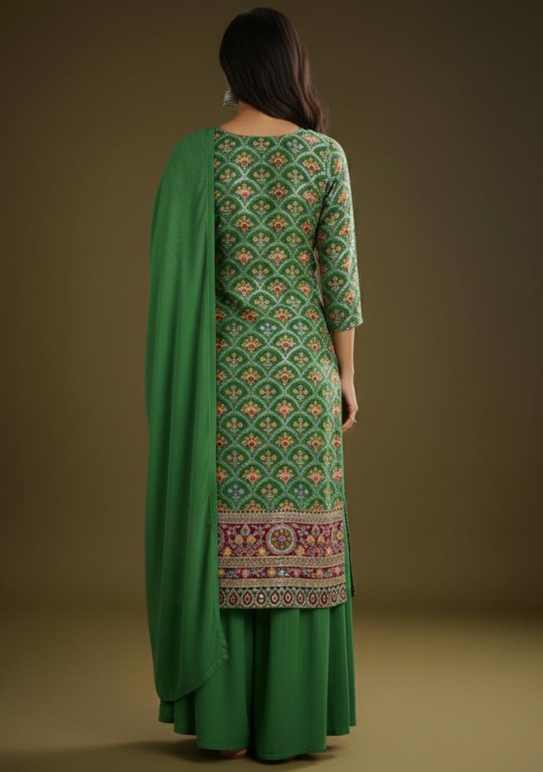 Green Embroidered Crepe Sharara Set - Indya