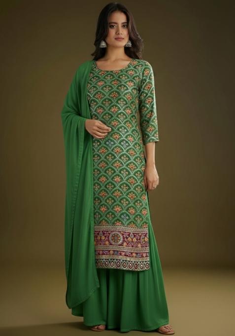 Green Embroidered Crepe Sharara Set
