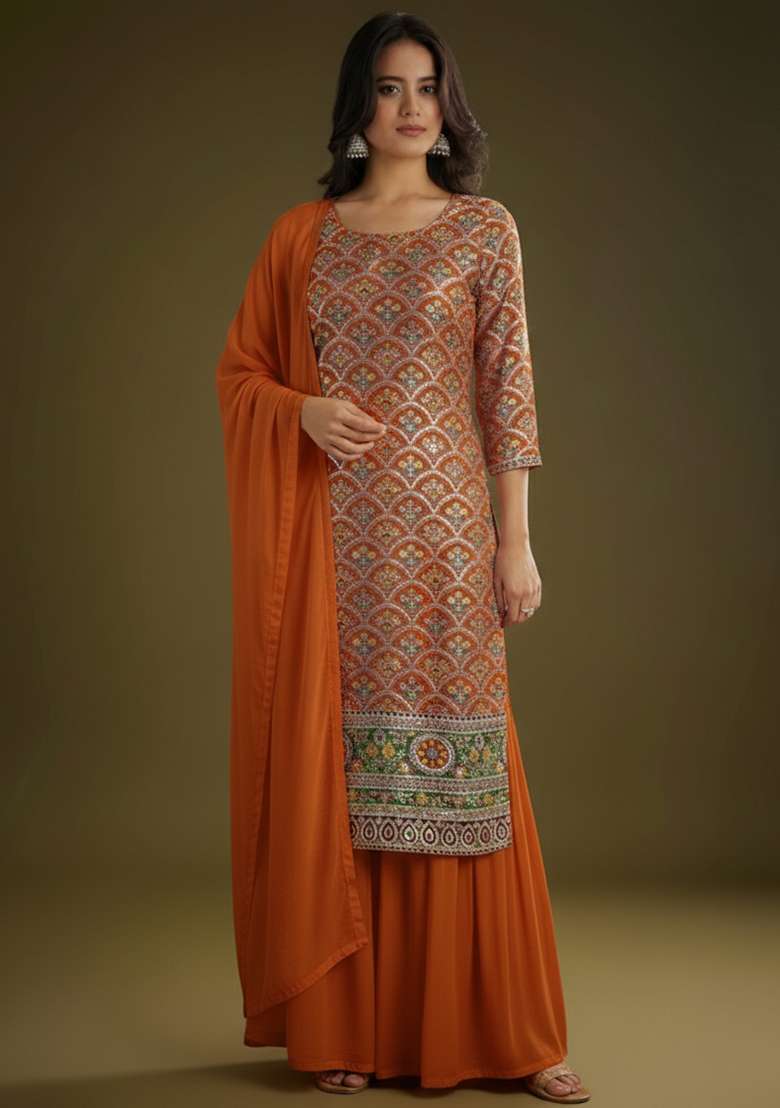 Orange Embroidered Crepe Sharara Set - Indya