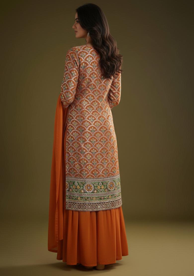 Orange Embroidered Crepe Sharara Set - Indya