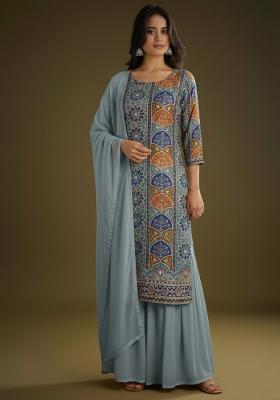 Dusty Blue Embroidered Crepe Sharara Set