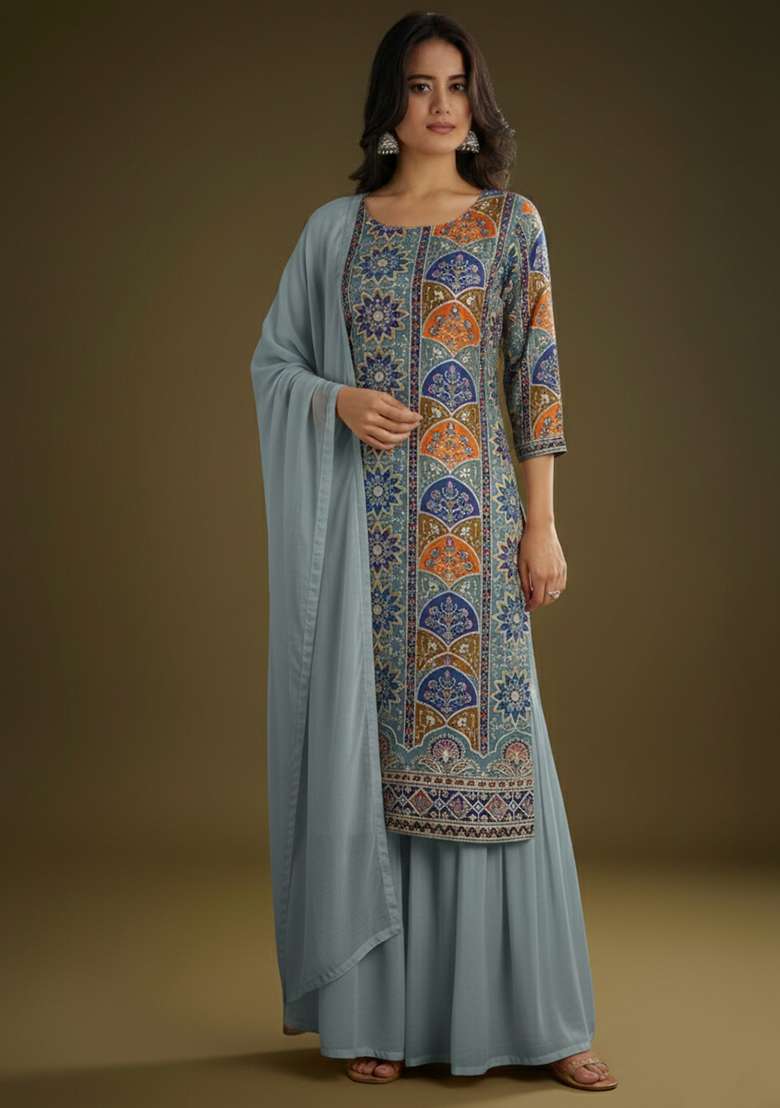 Dusty Blue Embroidered Crepe Sharara Set - Indya