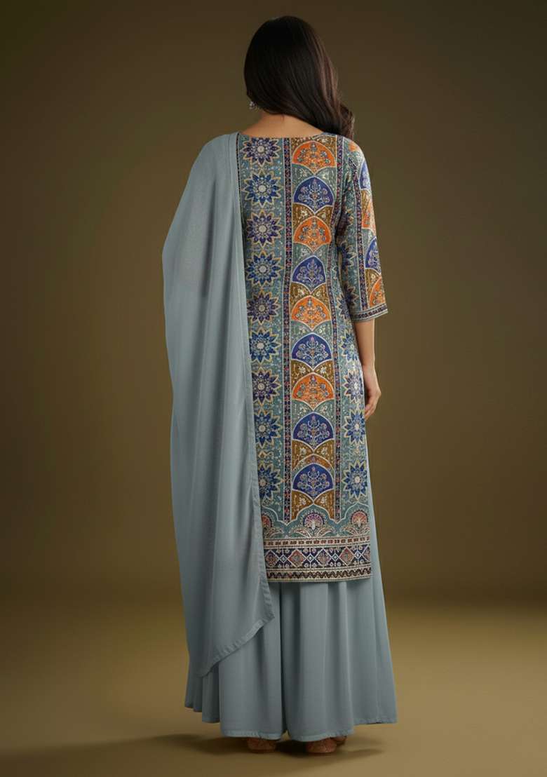 Dusty Blue Embroidered Crepe Sharara Set - Indya