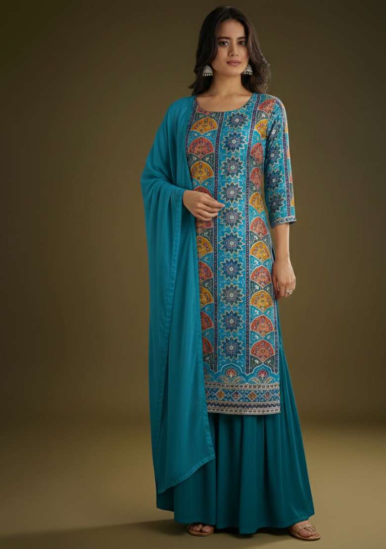 Blue Embroidered Crepe Sharara Set - Indya