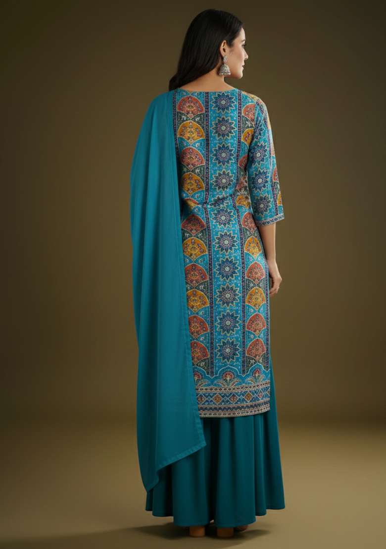 Blue Embroidered Crepe Sharara Set - Indya
