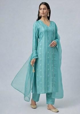 Ice Blue Embroidered Chanderi Kurta Set