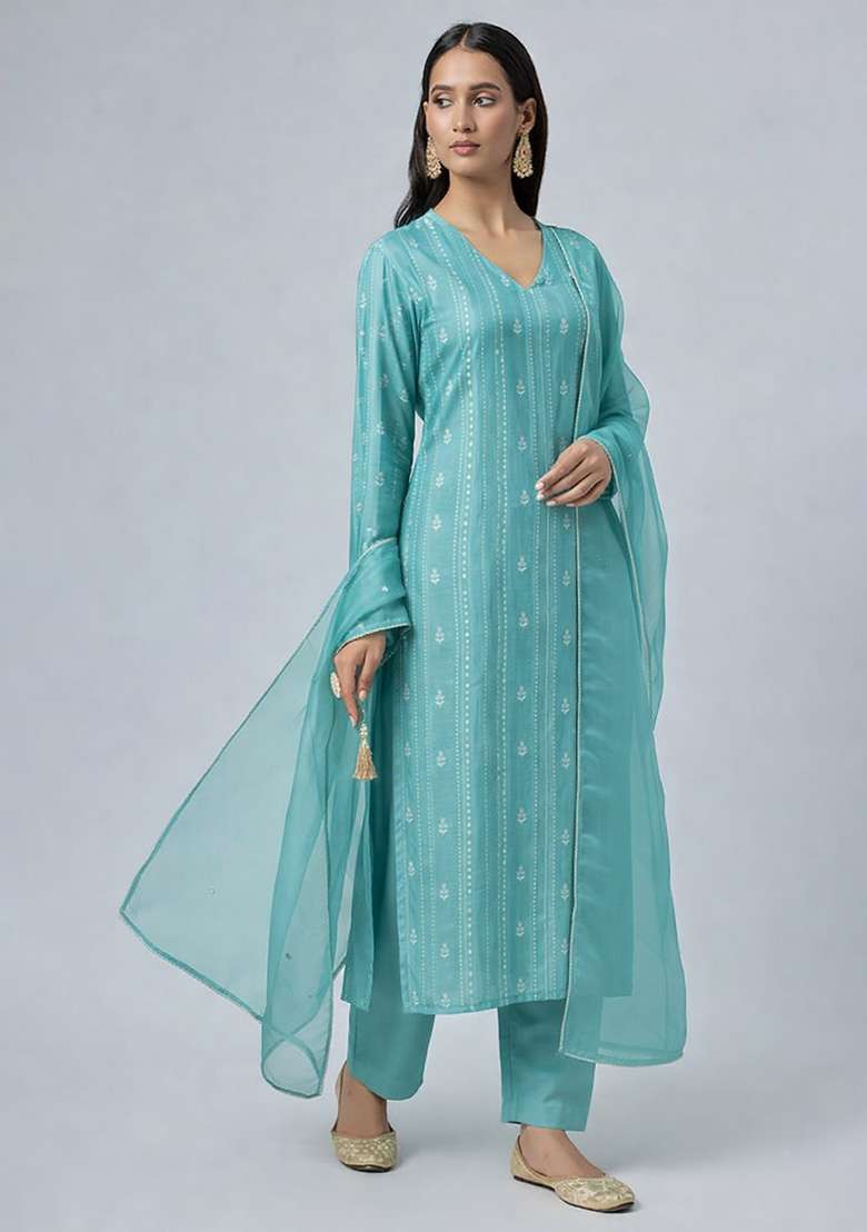 Ice Blue Chikankari Chanderi Straight Kurta Set - Indya