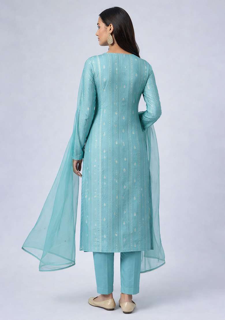 Ice Blue Chikankari Chanderi Straight Kurta Set - Indya