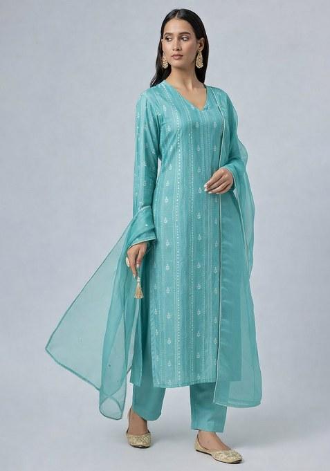 Ice Blue Chikankari Chanderi Straight Kurta Set