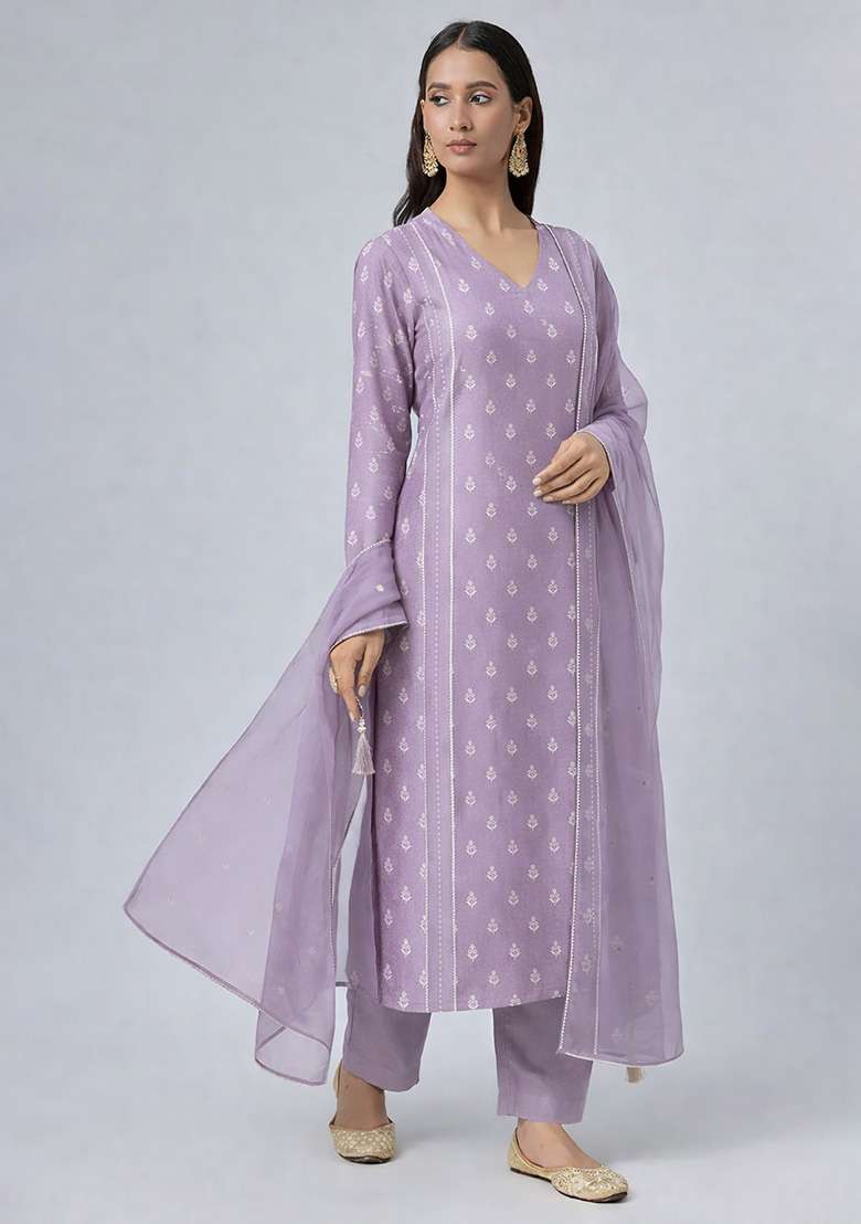 Lavender Chikankari Chanderi Straight Kurta Set - Indya