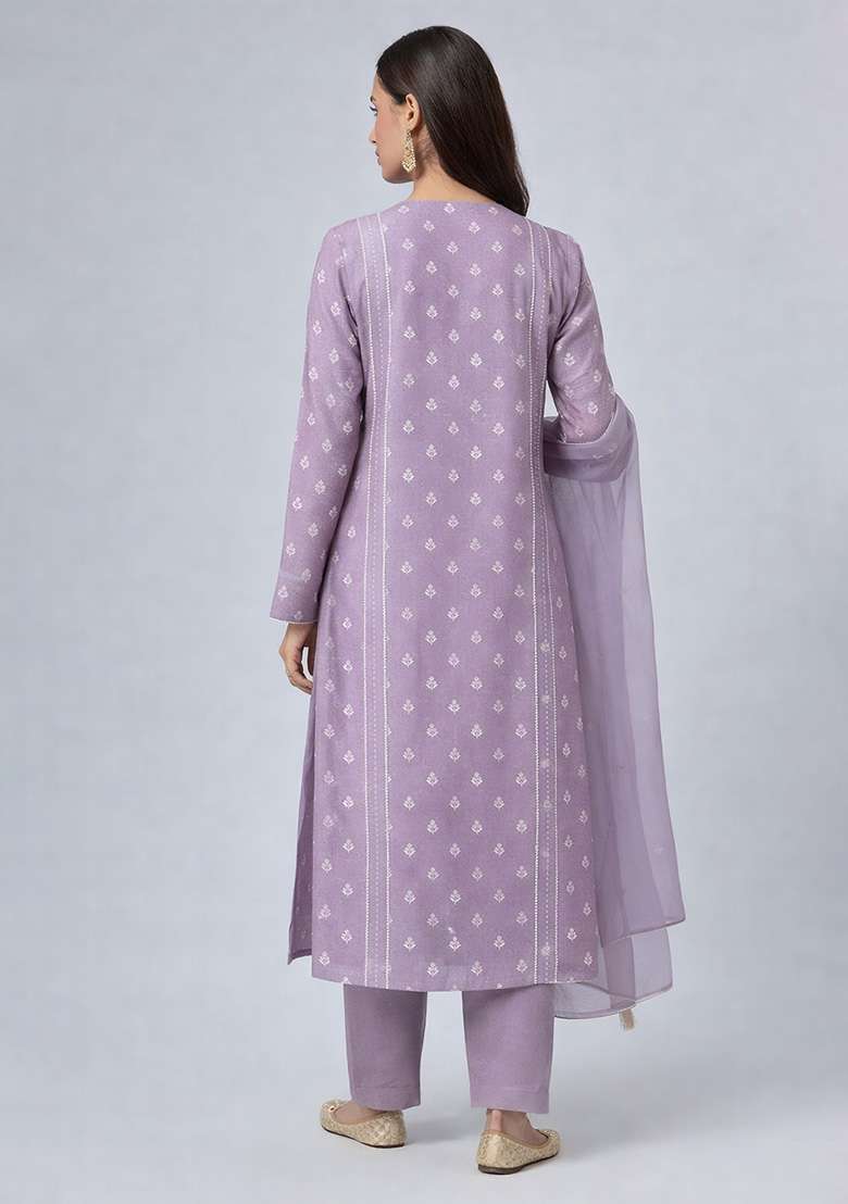Lavender Chikankari Chanderi Straight Kurta Set - Indya