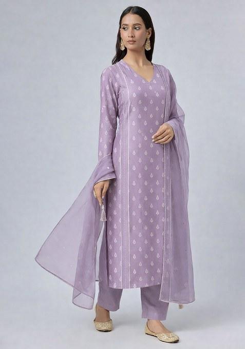 Lavender Chikankari Chanderi Straight Kurta Set