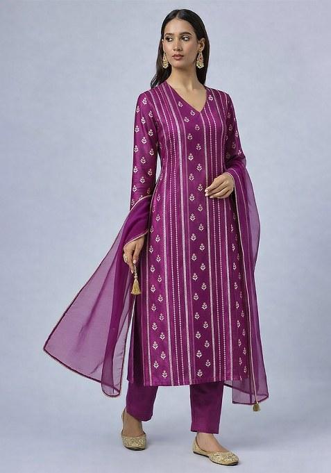 Purple Embroidered Chanderi Straight Kurta Set