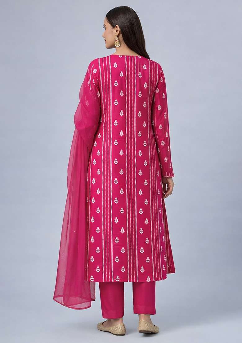 Pink Printed Chanderi Straight Kurta Set - Indya