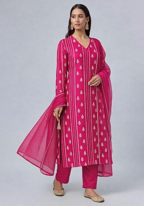 Pink Printed Chanderi Straight Kurta Set