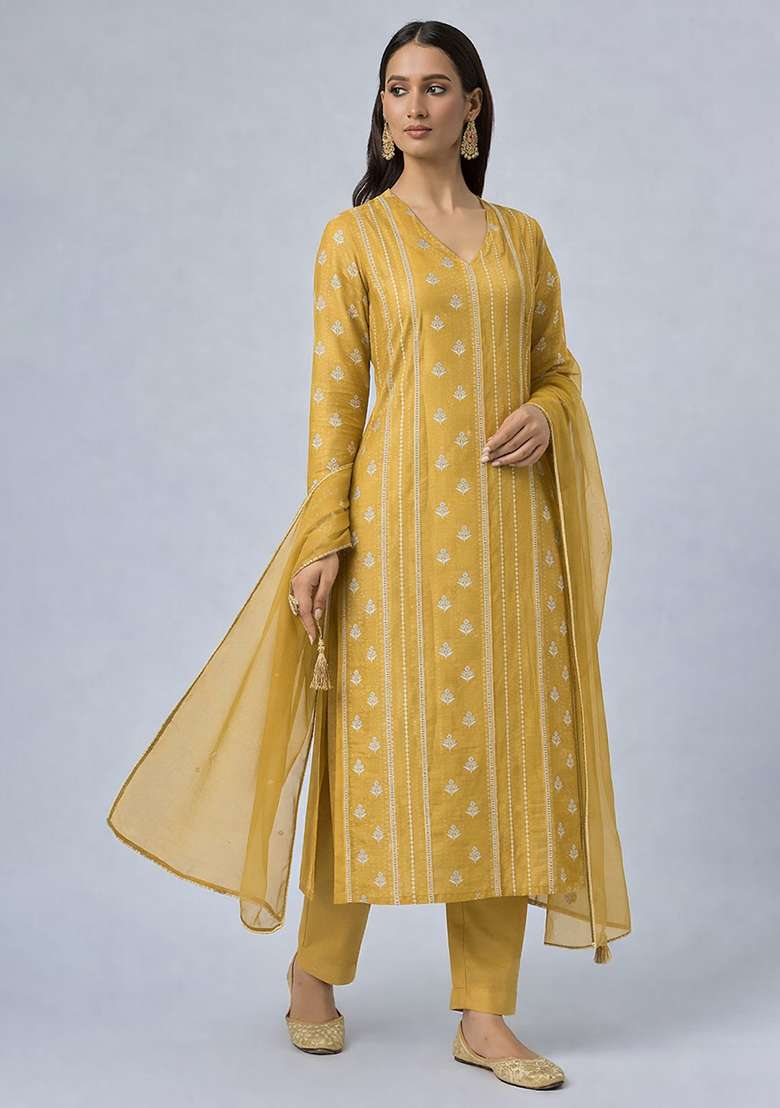 Yellow Chikankari Chanderi Straight Kurta Set - Indya