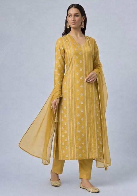 Yellow Chikankari Chanderi Straight Kurta Set