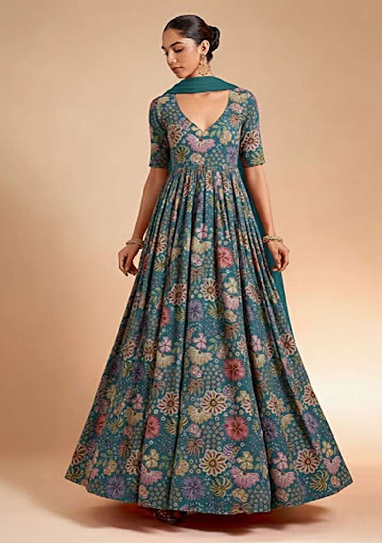 Deep Teal Blue Floral Print Chinon Anarkali With Dupatta - Indya