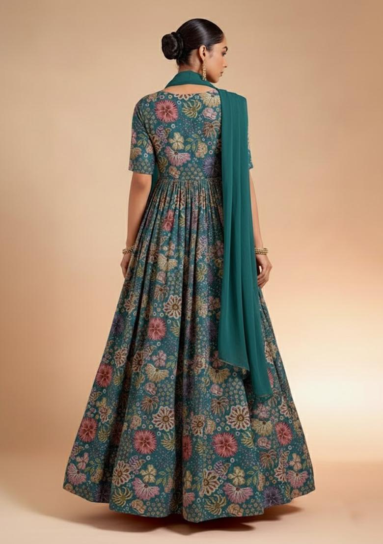 Deep Teal Blue Floral Print Chinon Anarkali With Dupatta - Indya