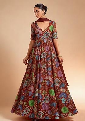 Brown Floral Print Chinon Anarkali With Dupatta
