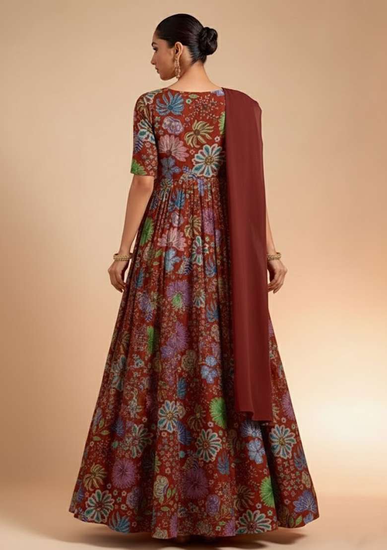 Brown Floral Print Chinon Anarkali With Dupatta - Indya