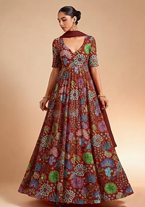 Brown Floral Print Chinon Anarkali With Dupatta