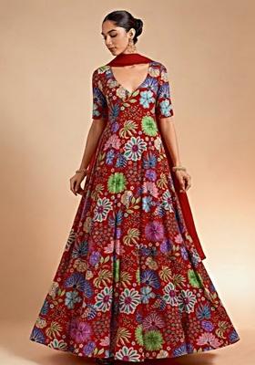 Red Floral Print Chinon Anarkali With Dupatta
