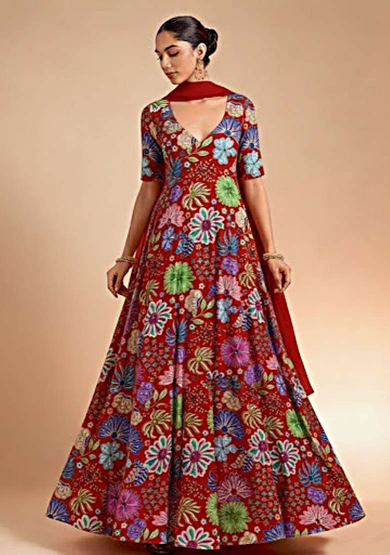 Red Floral Print Chinon Anarkali With Dupatta - Indya