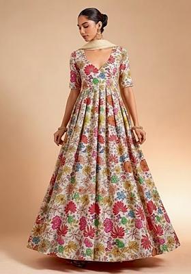 White Floral Print Chinon Anarkali With Dupatta