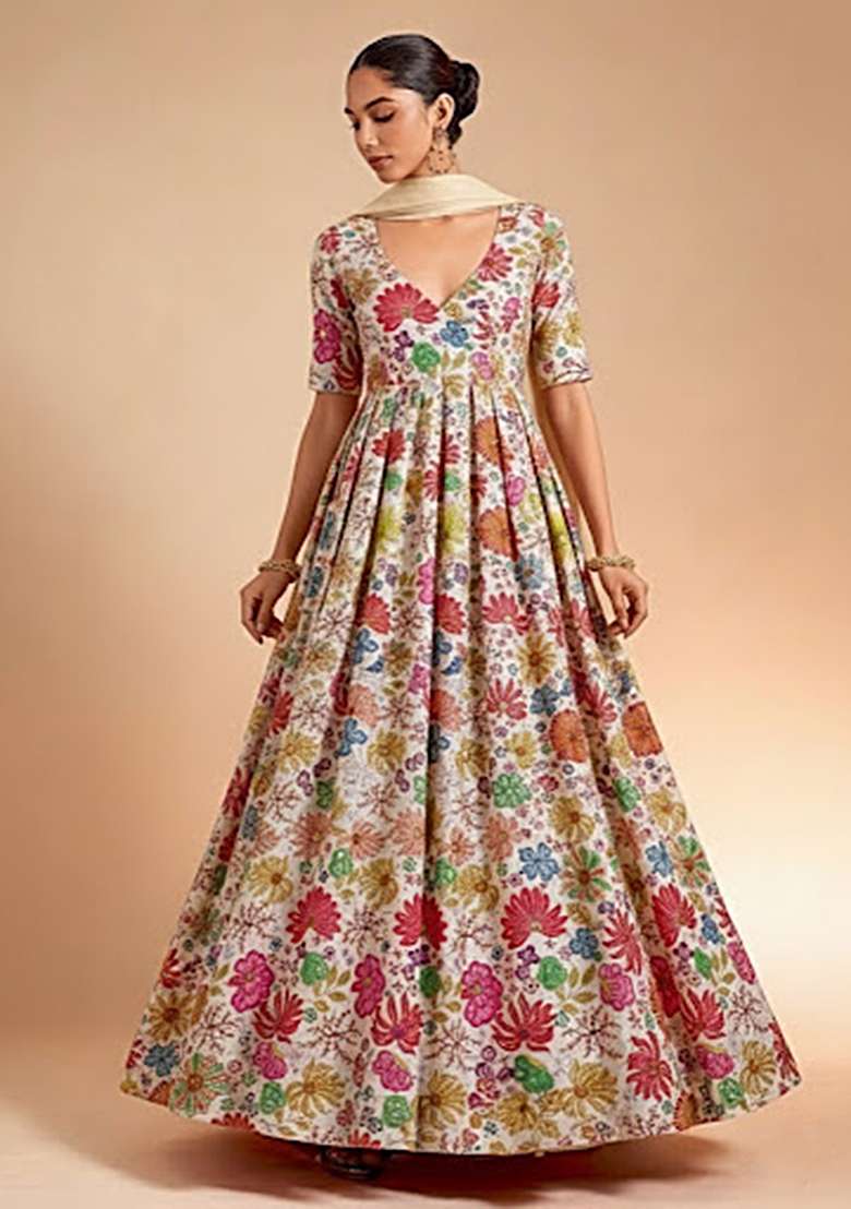 White Floral Print Chinon Anarkali With Dupatta - Indya