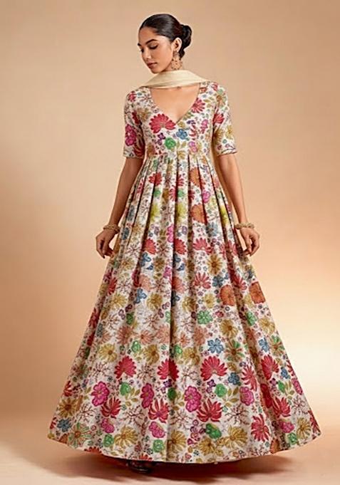 White Floral Print Chinon Anarkali With Dupatta