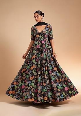 Black Floral Print Chinon Anarkali With Dupatta