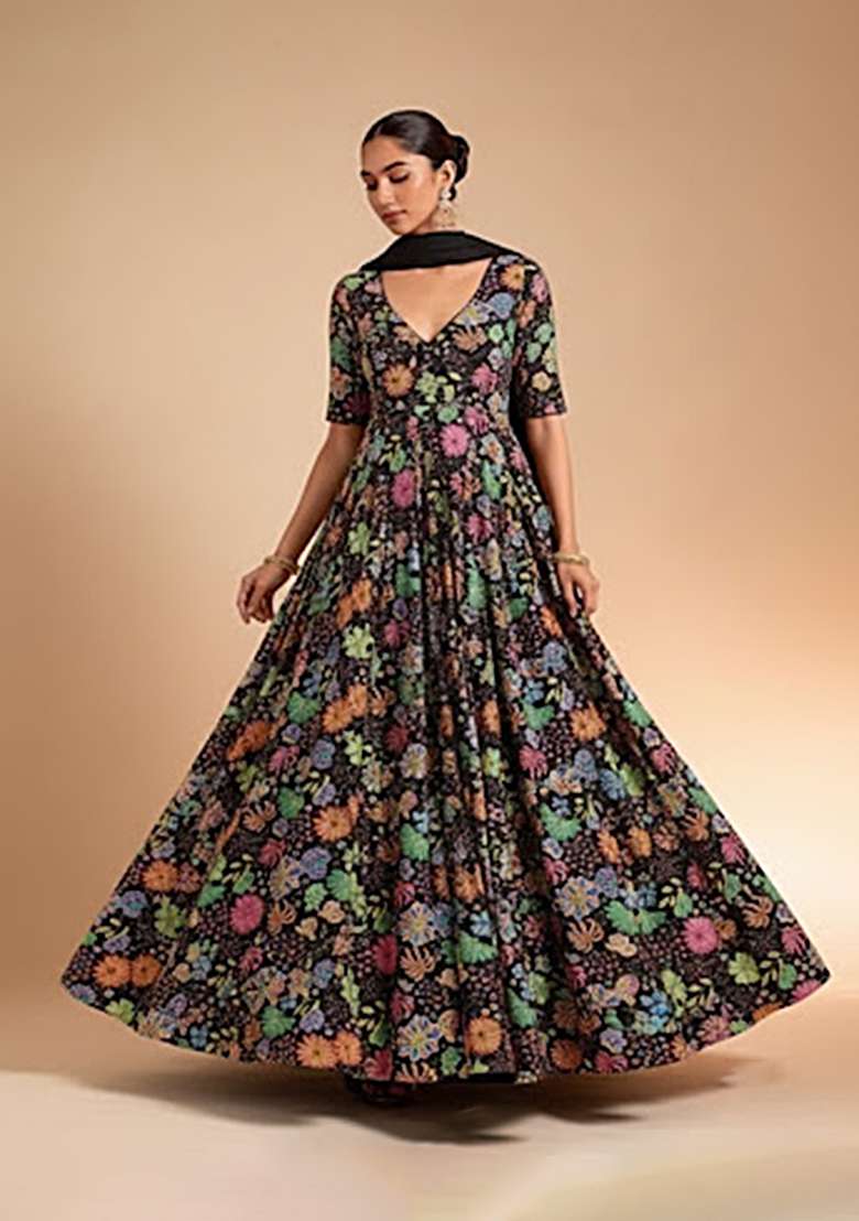 Black Floral Print Chinon Anarkali With Dupatta - Indya