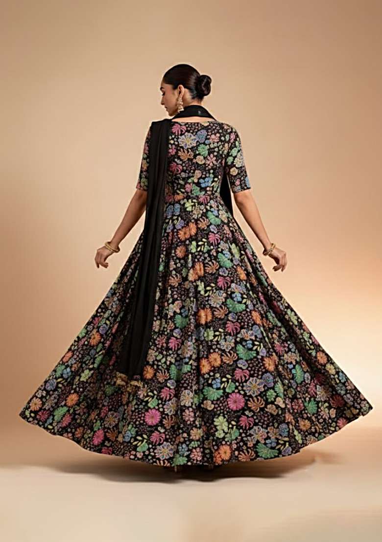 Black Floral Print Chinon Anarkali With Dupatta - Indya