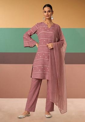 Mauve Pink Embroidered Chanderi Kurta Set