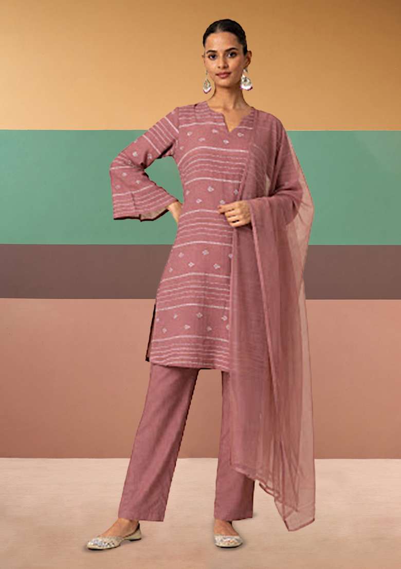 Mauve Pink Striped Chanderi Straight Kurta Set - Indya