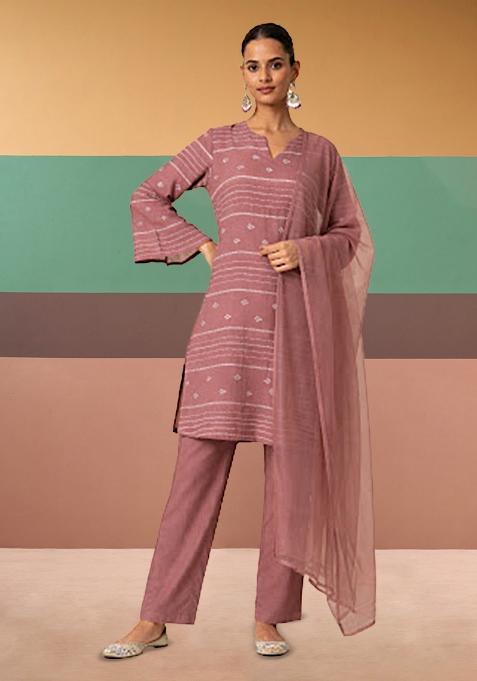 Mauve Pink Striped Chanderi Straight Kurta Set