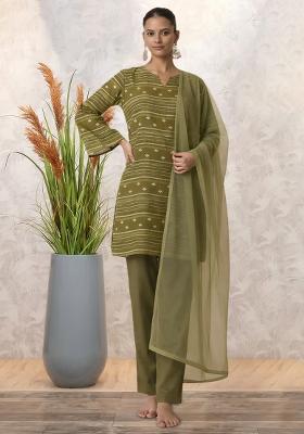 Olive Green Embroidered Chanderi Kurta Set