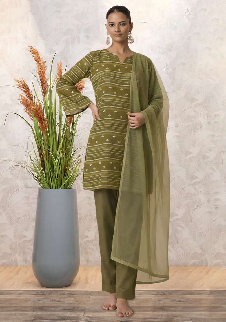 Olive Green Embroidered Chanderi Straight Kurta Set - Indya