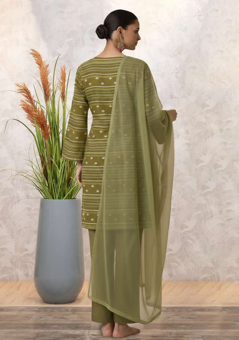 Olive Green Embroidered Chanderi Straight Kurta Set - Indya