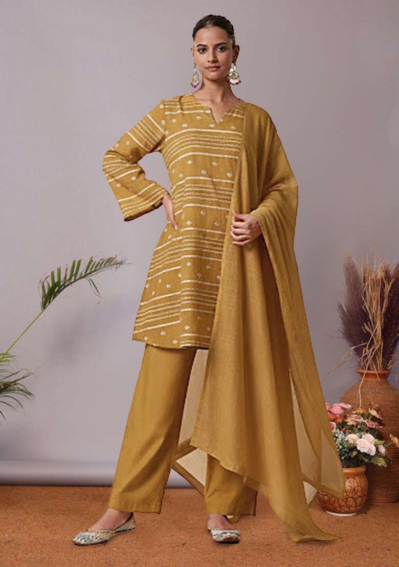 Mustard Striped Chanderi Straight Kurta Set - Indya