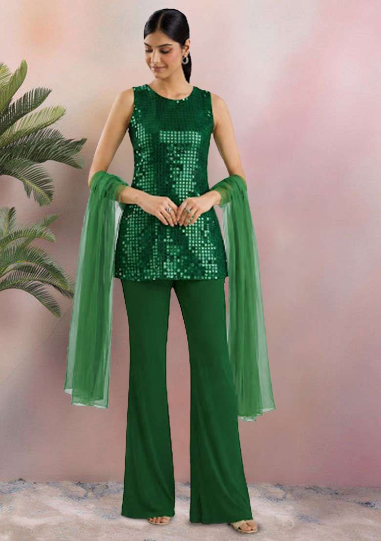 Green Sequin Work Silk Blended Co Ord Set - Indya