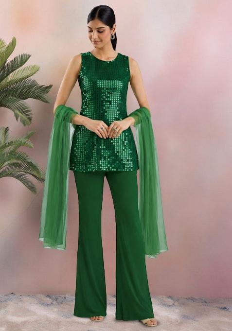 Green Sequin Work Silk Blended Co Ord Set