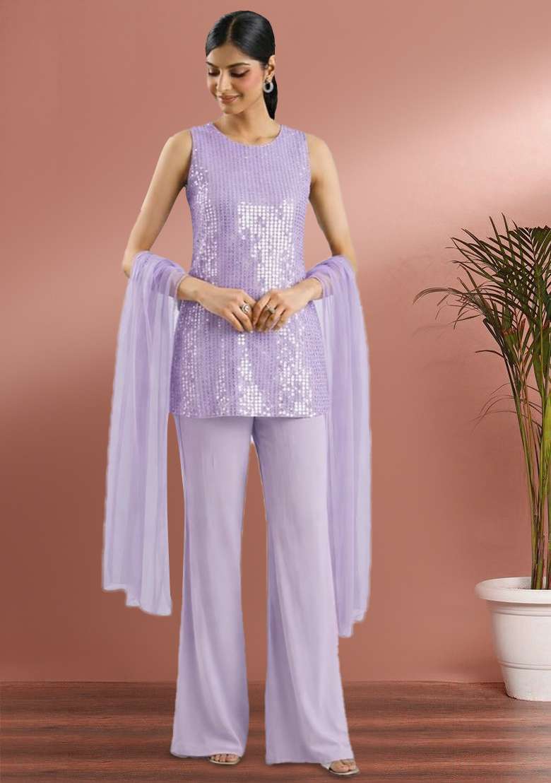 Lavender Sequin Work Silk Blended Co Ord Set - Indya