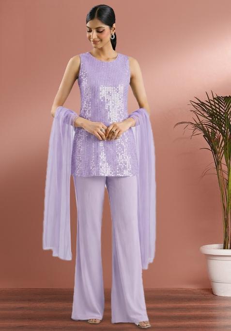 Lavender Sequin Work Silk Blended Co Ord Set