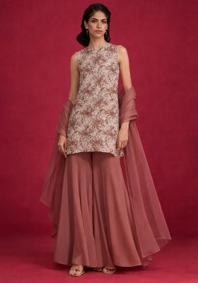 Mocha Beige Embroidered Crepe Sharara Set